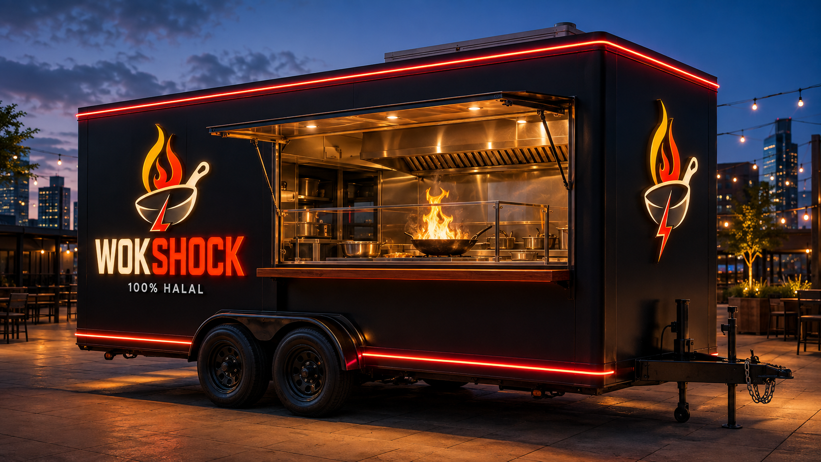 WOKSHOCK food trailer concept with red neon and open service window